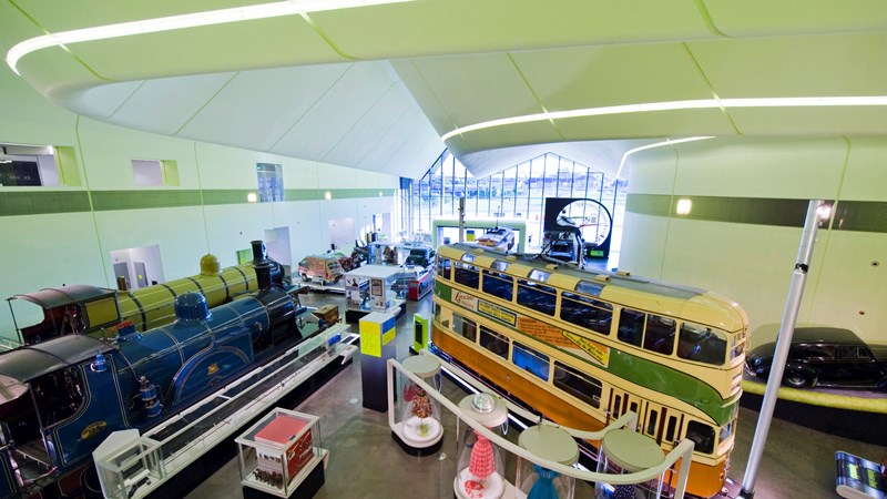 Photograph taken inside Riverside museum on the first floor looking into the main hall