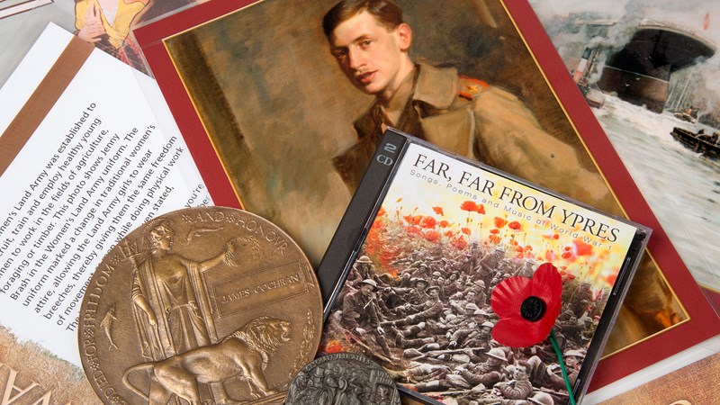 Photograph showing objects relating to World War One.
