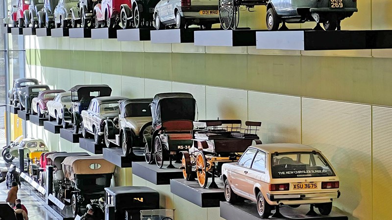 Photograph showing the giant car wall at Riverside Museum