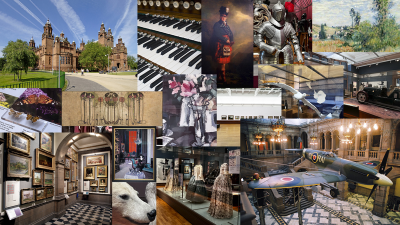 Images shows a collage of photographs featuring objects found in Kelvingrove Art Galley and Museum