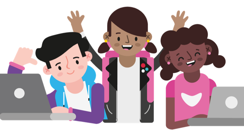 Three young people (cartoon images) smiling. One on the left and right are working at a computer and the person in the middle is raising their hands and looking happy.