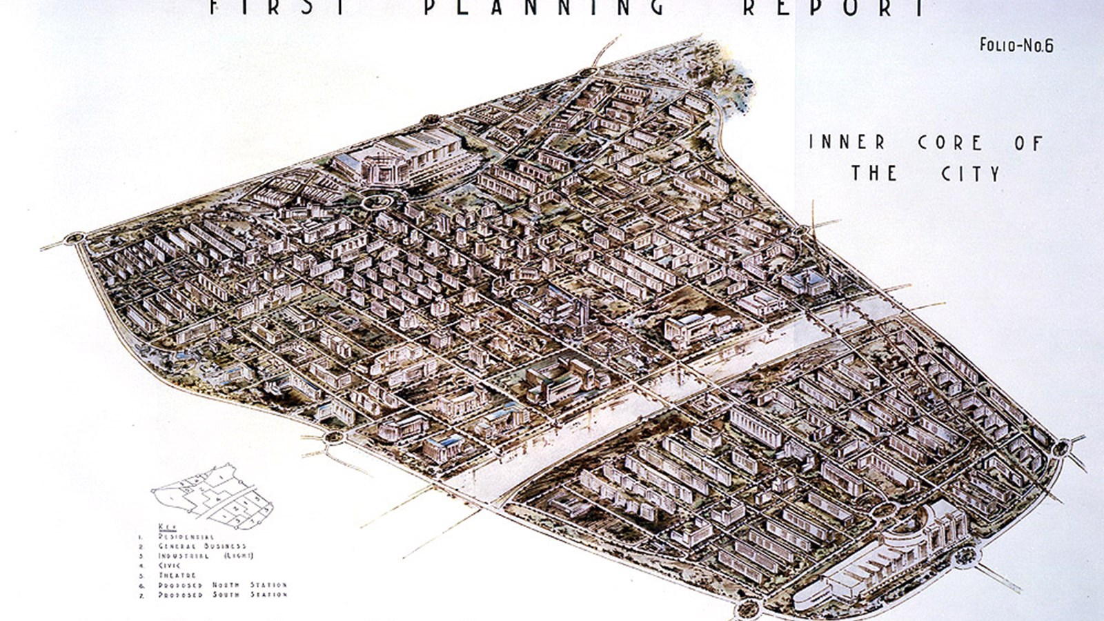 A first planning report drawing of the inner core of the City which includes buildings such as residential, business, theatre and civic as well as streets and roads.