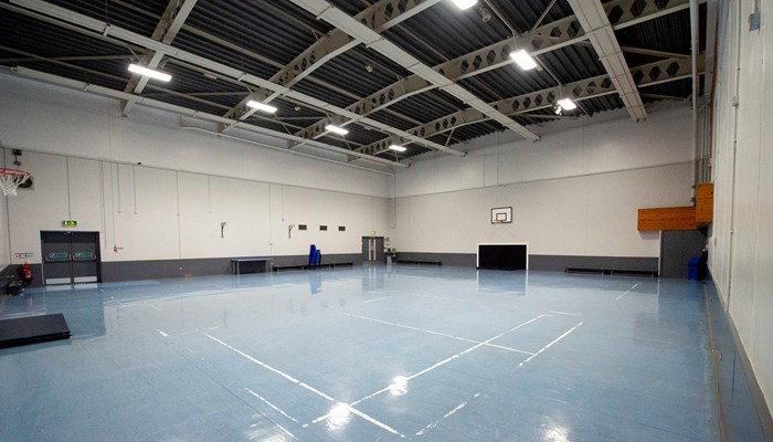large sports room with marking on the ground for ball games. there is a basketball net on the far wall