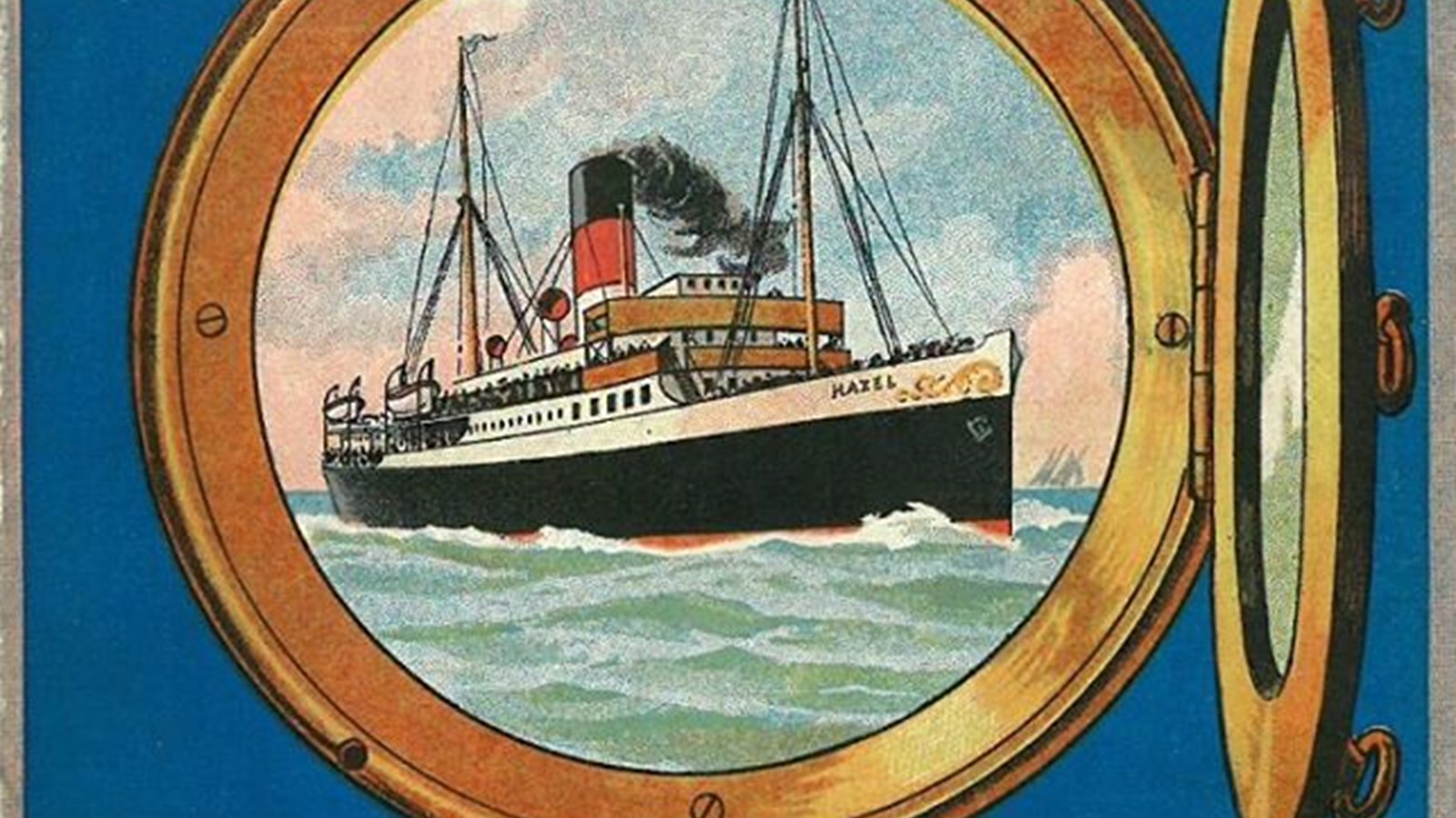 An advertisement poster for for 1908 season of Laird Line Ltd tours in Ireland, with a blue background and an illustration of a ship sailing on choppy waters seen through an open brass port hole.