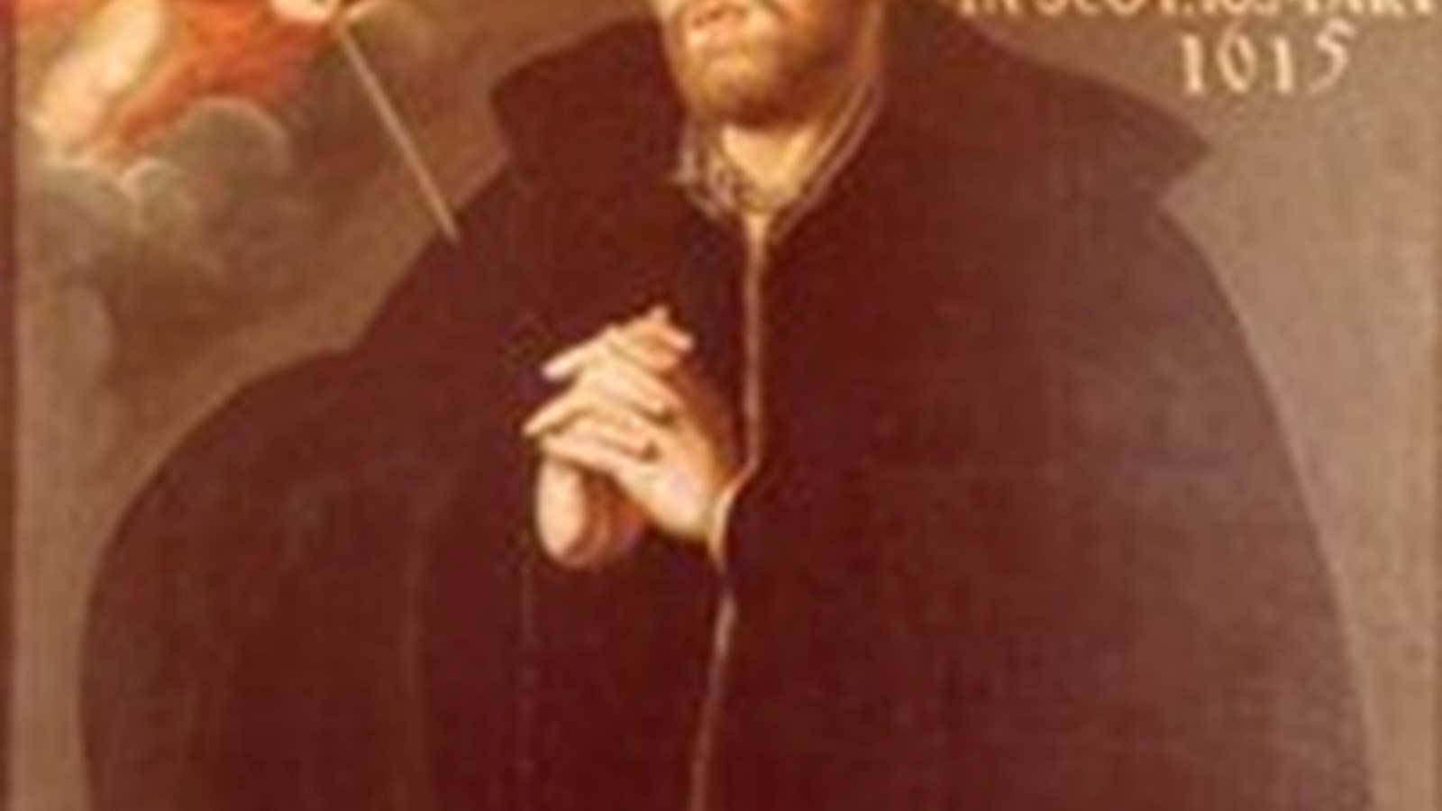 A photograph of St John Ogilvie wearing a black cape, with fingers interlaced looking up at a spiritual picture.