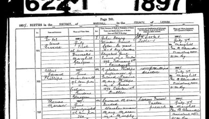 A black and white photo of Thomas Moran's 1897 birth record