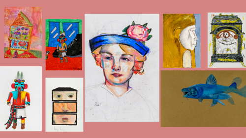 A collage of colourful artwork in different media, some are painted, some are drawn, showing faces, animals, vessels, statues etc.