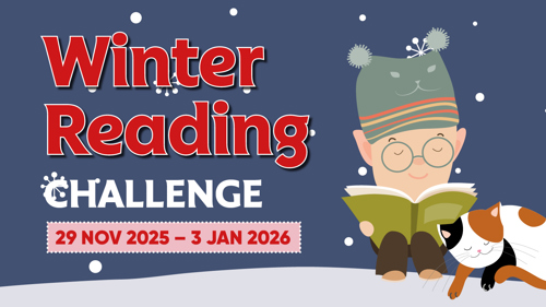 Illustration of a young person wearing glasses and a bobble hat sitting on the snowy ground reading a book with a cat cuddled in beside them