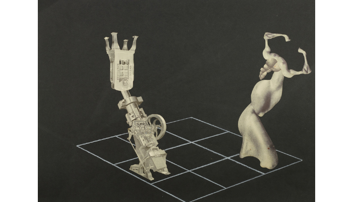 A mechanical device facing a classical  female sculpture on a gridded floor, set against a dark background.