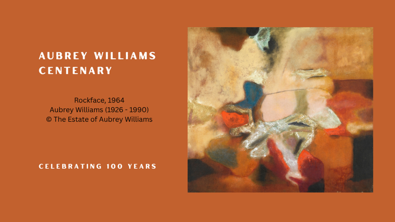 Promotional graphic for the Aubrey Williams Centenary, featuring the abstract painting Rockface (1964) and the text “Celebrating 100 Years.”