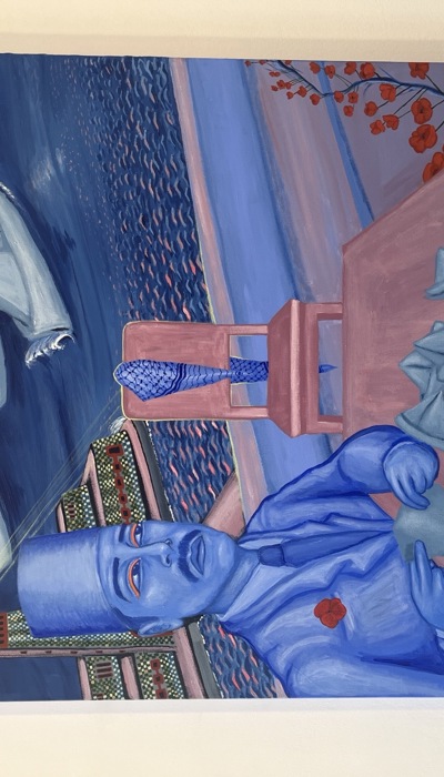 A painting showing a blue‑toned figure in a suit seated at a table, folding small white paper boats. A red flower is pinned to the figure’s chest. Behind them stretches a calm seascape dotted with more paper boats, a lighthouse structure rising from the water, and a sky that shifts from soft pink to blue. Red flowers appear in the foreground and in the upper right corner, adding bright accents to the dreamlike scene.