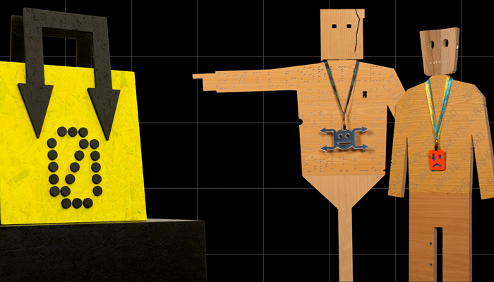 Two humanoid wooden figures are pictured against a black background, one points to an oversized yellow handbag