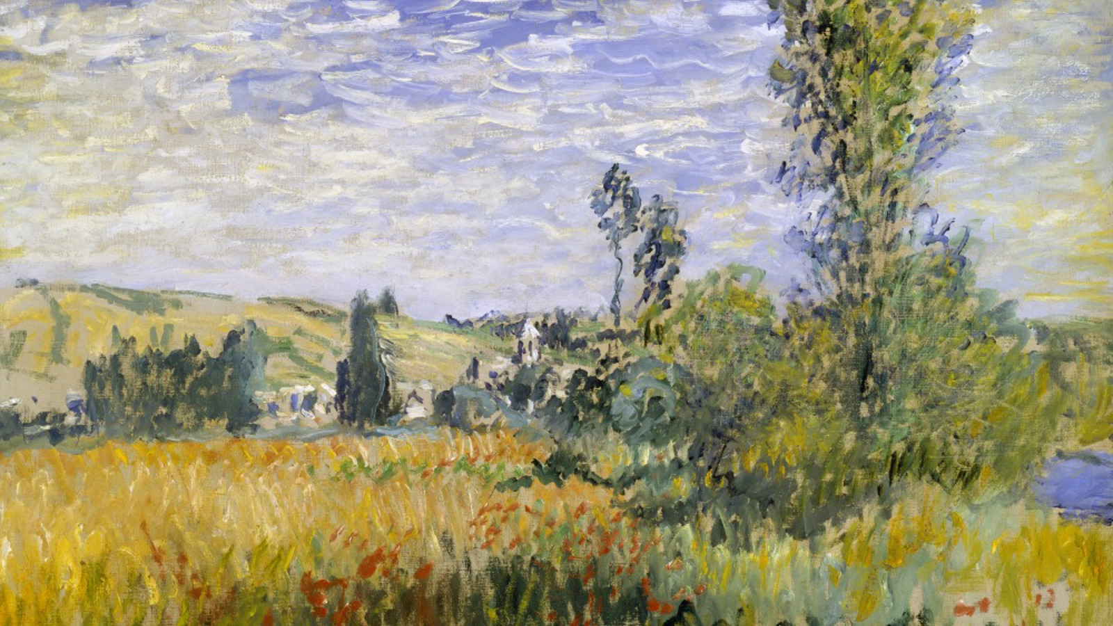 painting of a field scene showing long grass, trees and a cloudy summer sky.