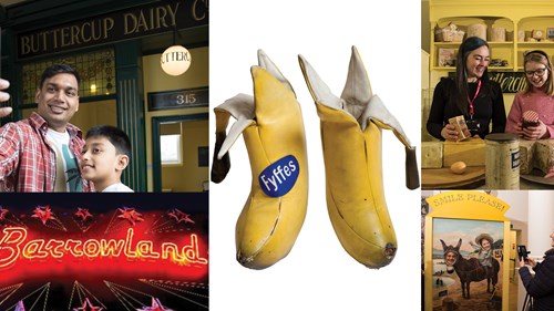 collage of pics of exhibits in the People's Palace museum inclusing a large pair of banana boots, a neon sign with the word BAROOWLAND in the middle, a father and son taking a selfie and a woman and child in an old fashioned dairy setting