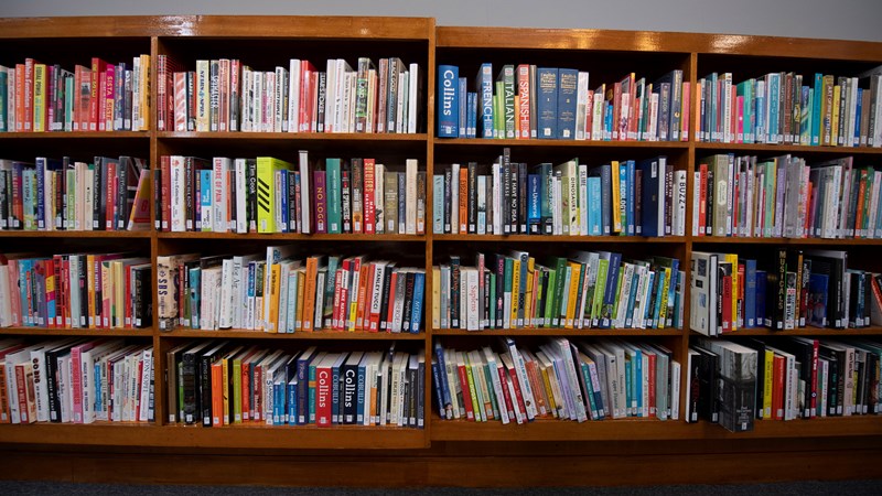 Rows of library books in Woodside Library