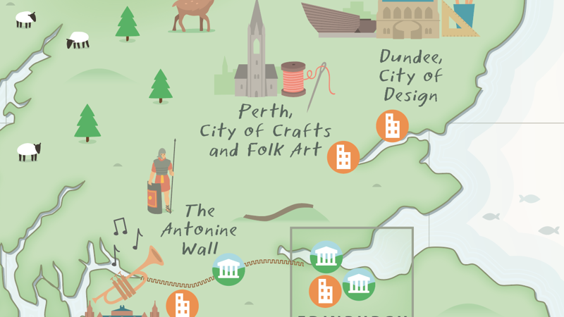 Excerpt of a UNESCO map of the UK showing all their destinations. This section focuses in on Glasgow and the central belt of Scotland. 