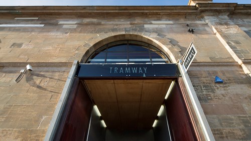 Tramway front door - a large archway with the venue name across the top