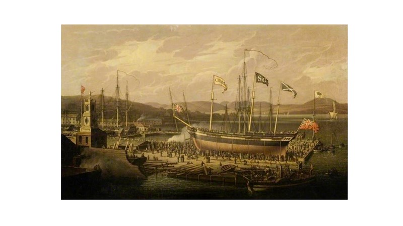a yellow tinged image showing a masted sailing vessel in port and crowds around it on the quayside.