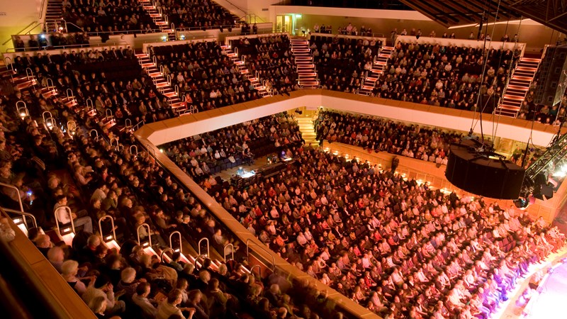 Arial view showing a packed auditorium at the Glasgow Royal Concert Hall during a show