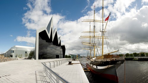 Riverside Museum exterior with Tall Ship Glenlee