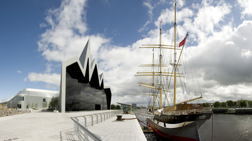 Riverside Museum exterior with Tall Ship Glenlee