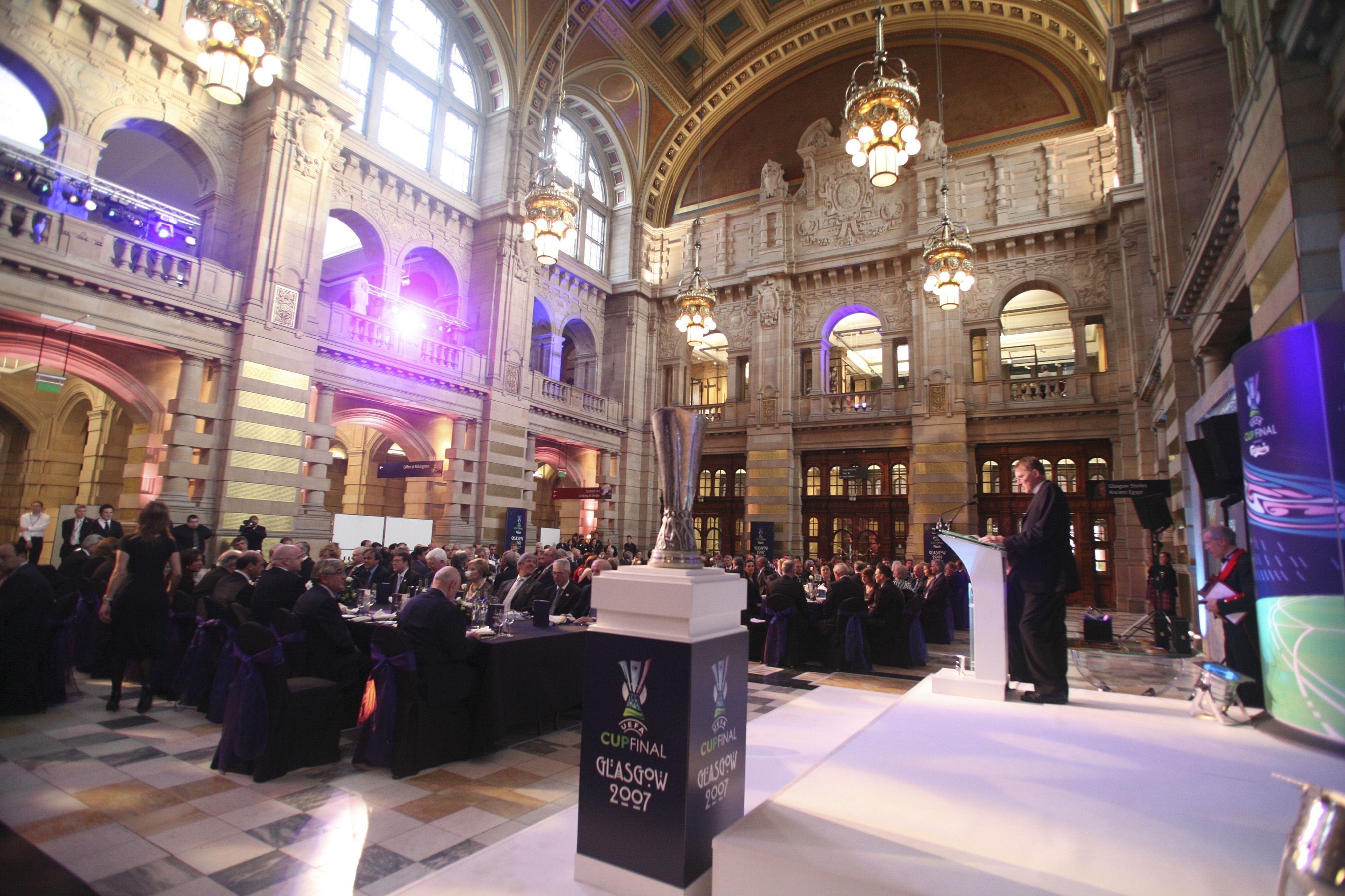 Dinner at Kelvingrove Art Gallery and Museum, set up conference style.