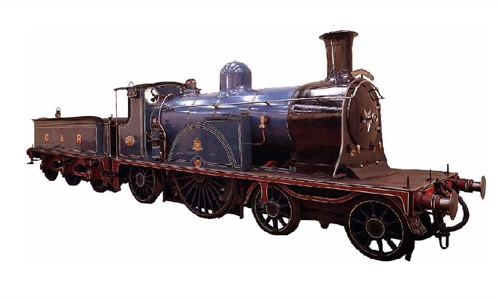 Model of a blue steam train engine.