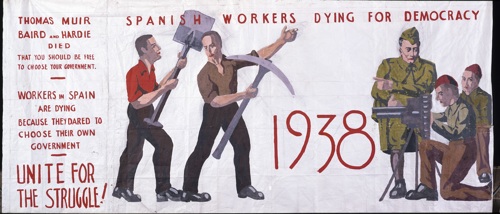 trade union banner from 1938 which says spanish workers dying from democracy