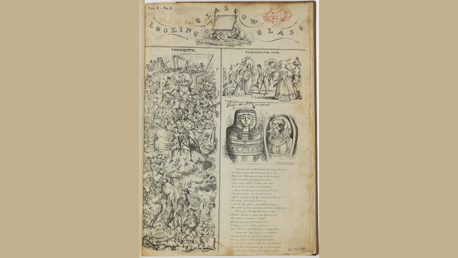 Front cover of the newspaper called Glasgow Looking Glass. The left hand column is filled with an illustration entitled "Prospectus". 