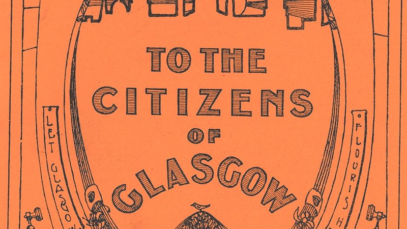 Orange poster illustrated with black ink, words "Let Glasgow Flourish" and bird, bell, fish and tree of Glasgow are shown, the poster is advertising Glasgow's early telephone exchange