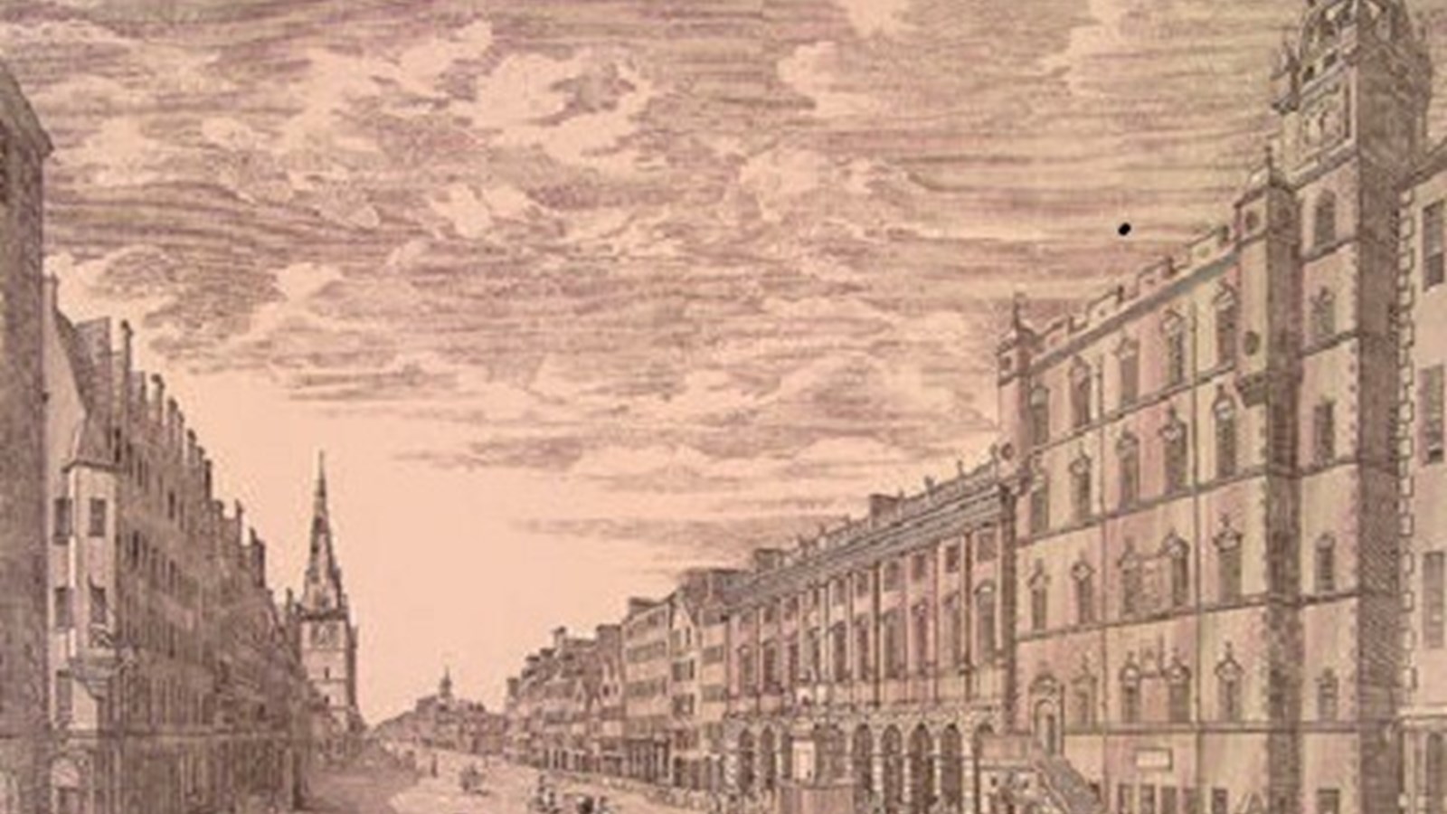 A drawing of a Glasgow street showing the steeple that now remains at Trongate. There are people walking in the street along with horse and carriages.