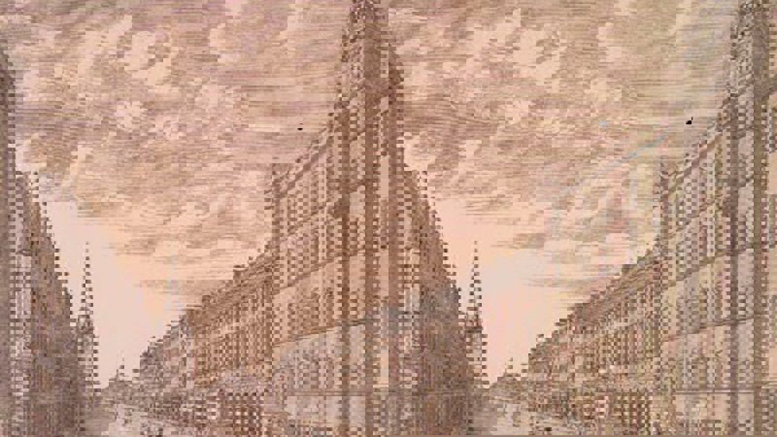 A drawing of a Glasgow street showing the steeple that now remains at Trongate. There are people walking in the street along with horse and carriages.