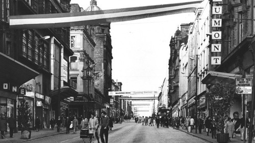 A black and white images of Sauchiehall Street. 