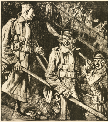 Large numbers of soldiers are walking down a ramp, presumably from a boat. We see a close up of three men, two of them look shocked.