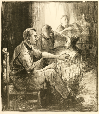 A sketch of three men creating a basket through weaving techniques.