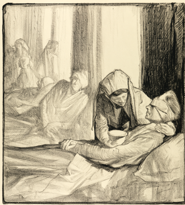 A sketch showing a nurse tending to an injured soldier in world War 1. There are several other nurses and injured soldiers in the background.