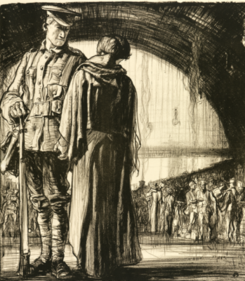 A sketch showing a World War 1 soldier saying goodbye to his loved one in a train station.