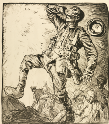 A sketch of a soldier in World War 1. He's covering his eyes with the back of his hand. His hat has flown off. It looks as though there has been an explosion. You can make out other soldiers in the background.