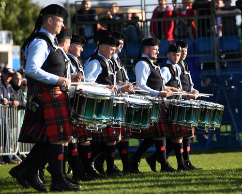 A group of drummers at the World Pipe Band Championships.