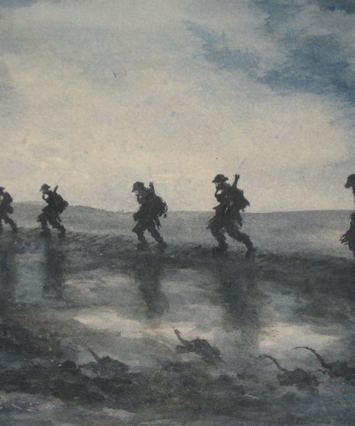 A painting of six World War 1 soldiers walking.