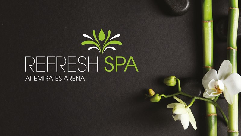 Image shows a dark background with bamboo and flowers, included Refresh Spa logo
