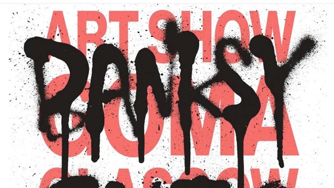 Exhibition promotion poster saying Banksy Cut and Run in black spray paint effect on red writing saying GoMA Glasgow 15 Jun - 28 Aug