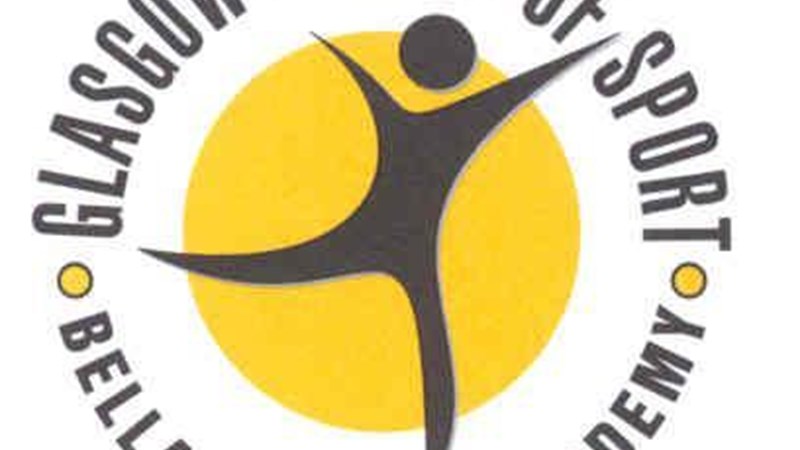 Glasgow School of Sport logo - silhouetted black figure dancing on a yellow circle background