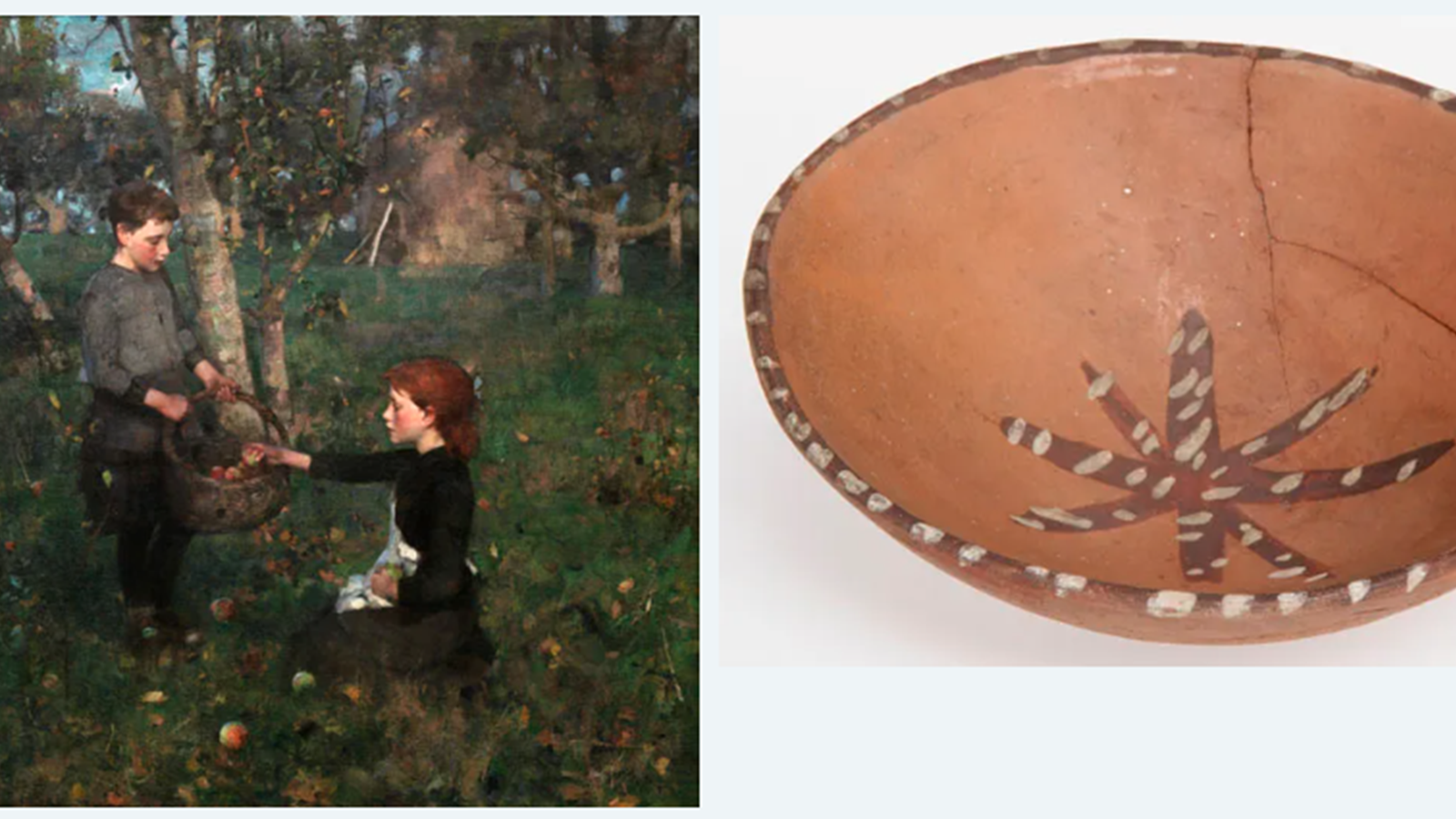 2 images: left shows two people in a woodland setting whilst the right hand image shows a brown ceramic bowl.