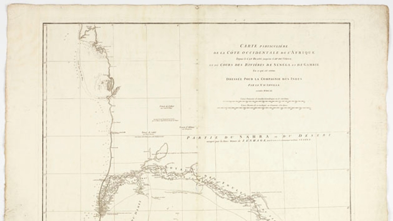 A photograph of a map of Senegal and Zambia by Jean-Baptiste Bourguignon d’Anville, from 1751.