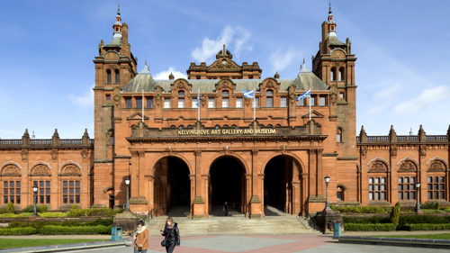 Photograph showing a view of the front entrance of Kelvingrove Art Gallery and Museum, taken from Argyle Street.