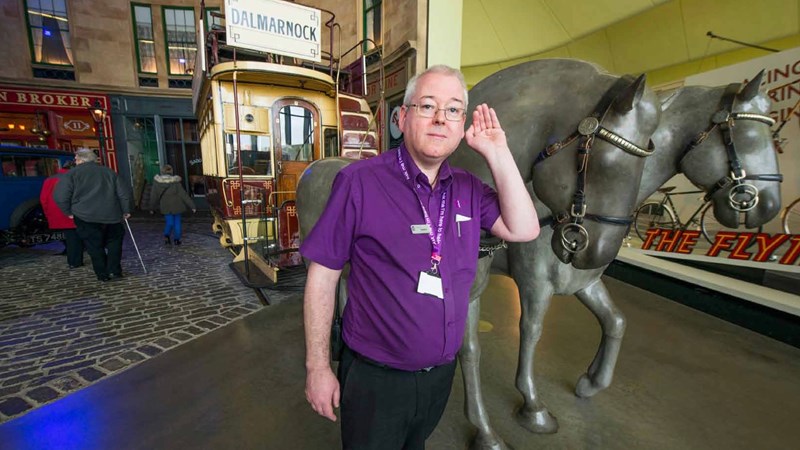 Photograph shows one of the museum guides in Riverside