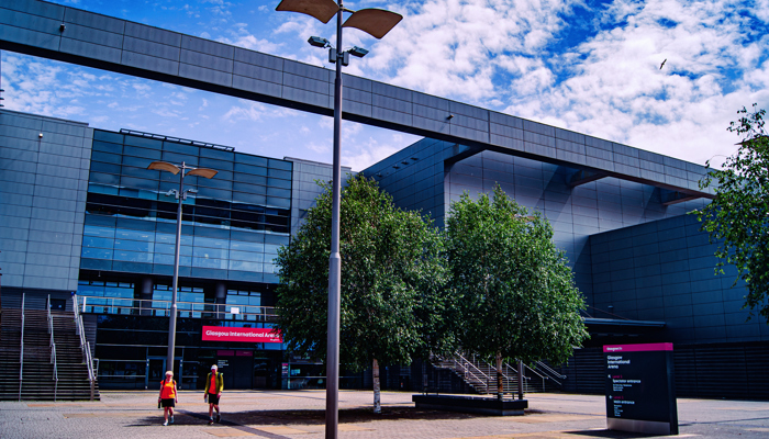 Exterior of Glasgow International Arena and Sir Chris Hoy Velodrome on a sunny day.