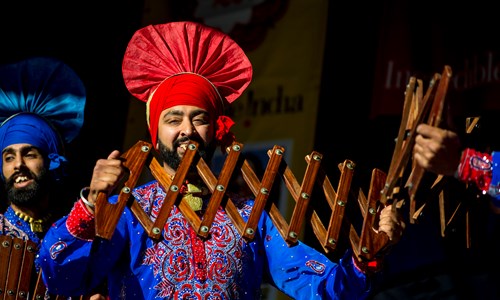 A performer poses in traditional South Asian costume