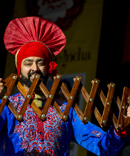 A performer poses in traditional South Asian costume